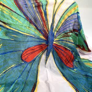Vintage 1980s Anne Klein Butterfly Silk Scarf White Background Japan VERY Large